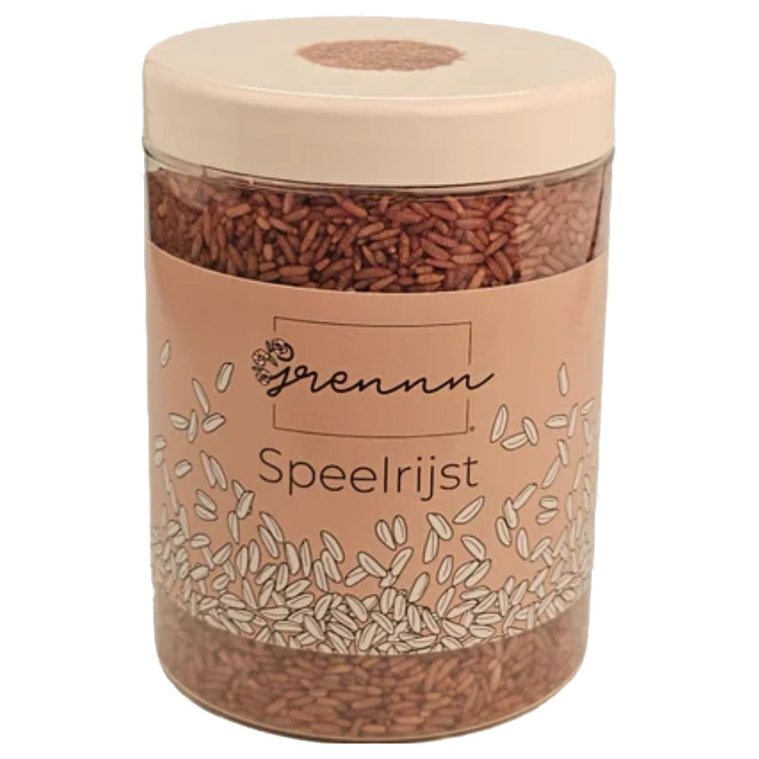 De verpakking van grennn bruine speelrijst, sensorisch speelgoed.