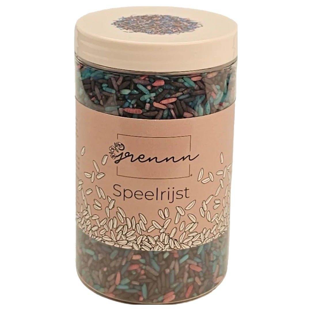 Verpakking van grennn speelrijst galaxy mix in een transparante pot met een label.
