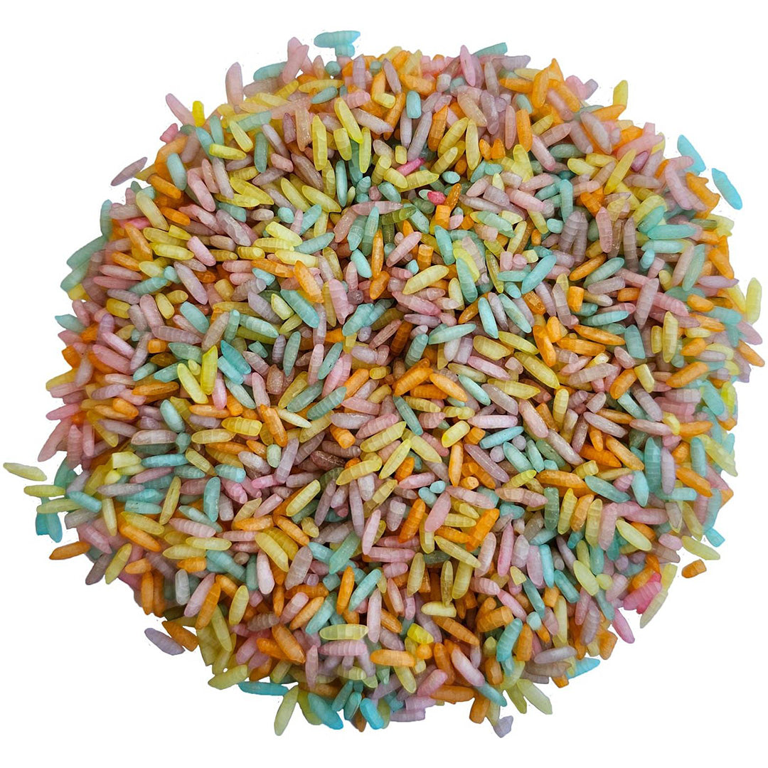 grennn speelrijst pastelmix, een hoopje veelkleurige rijstkorrels.