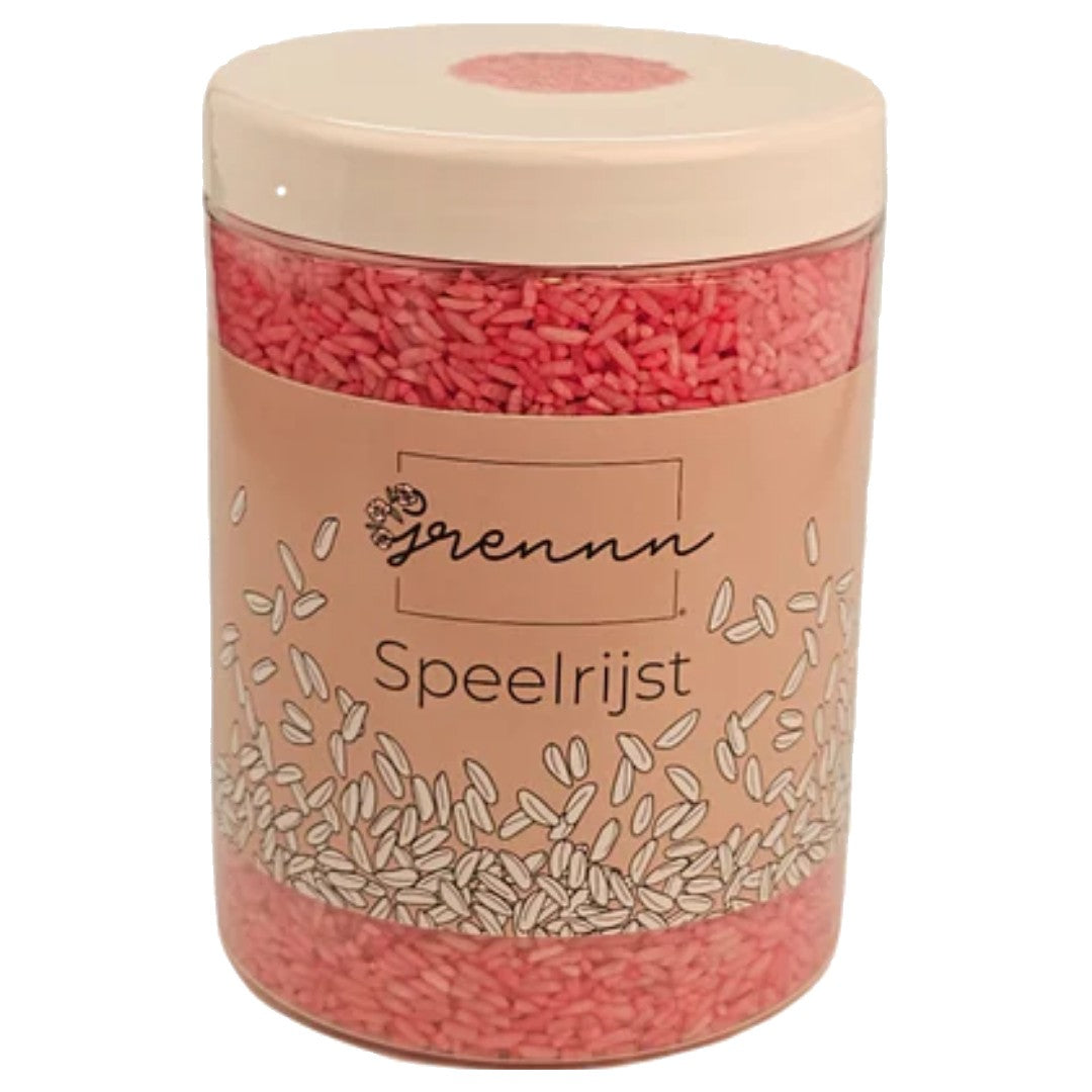 Verpakking van grennn roze speelrijst, sensorisch speelgoed.