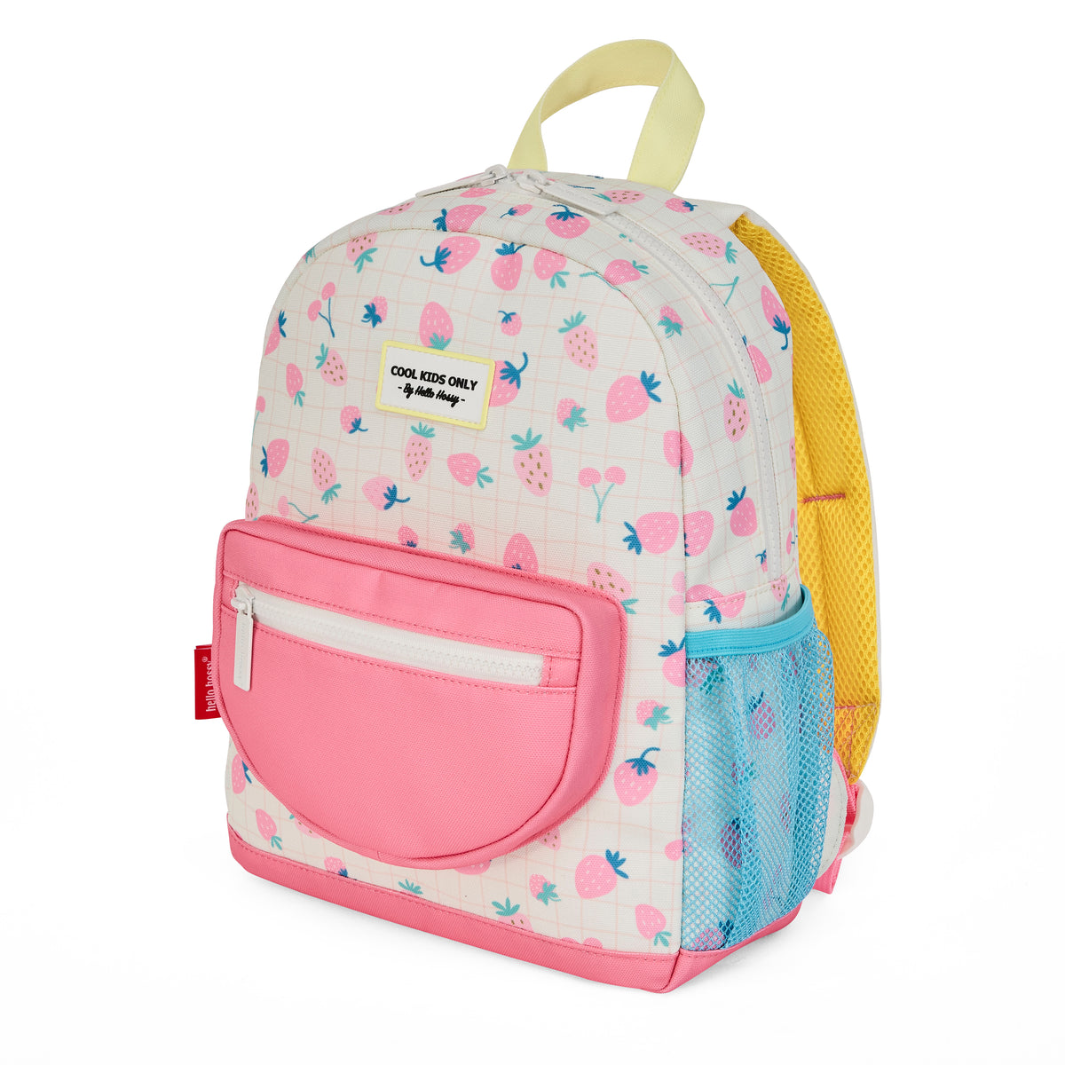 hello hossy schoolrugzak met aardbeienpatroon, roze voorvak en blauw zijvak.
