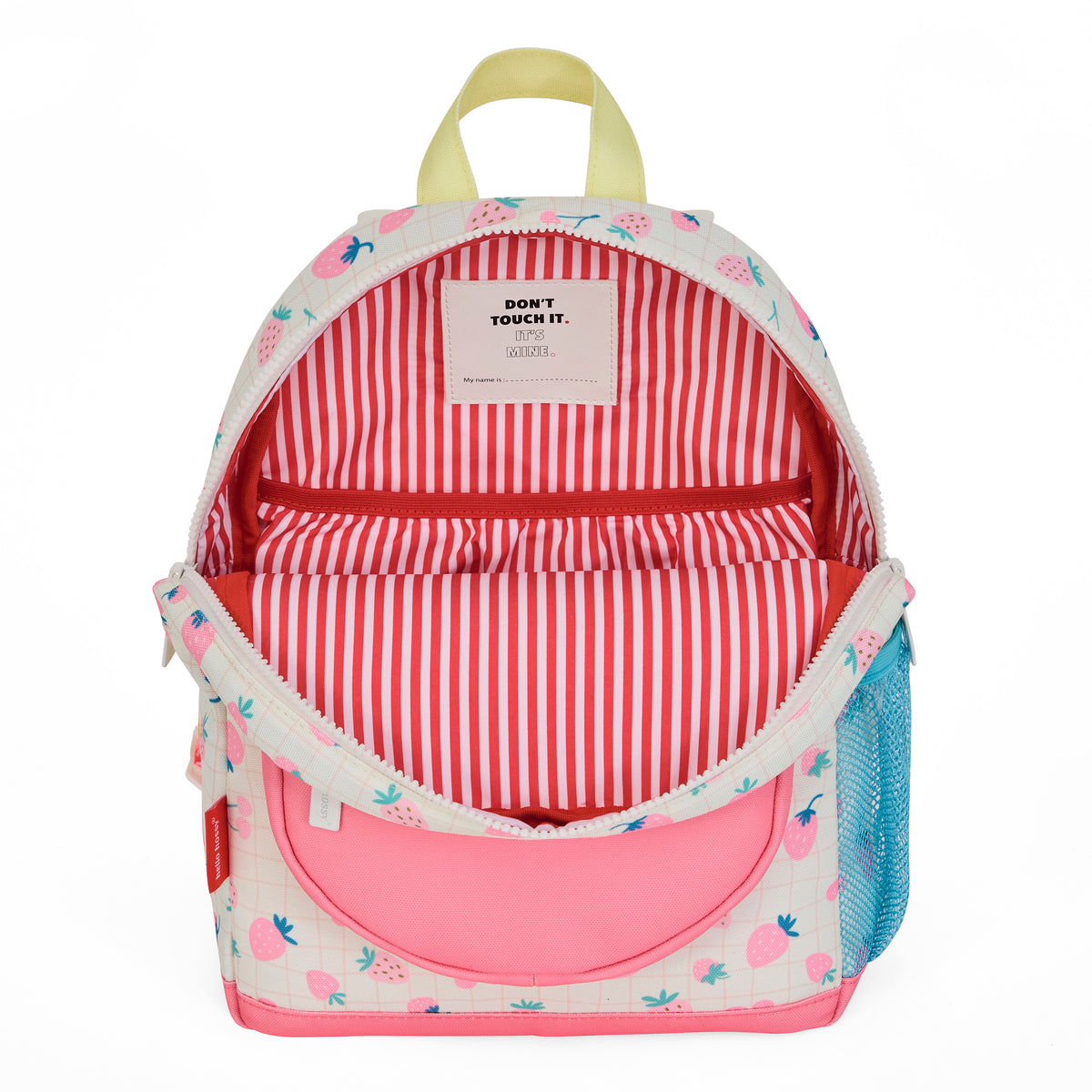 hello hossy schoolrugzak met aardbeienpatroon, open hoofdvak met rood-wit gestreepte voering.