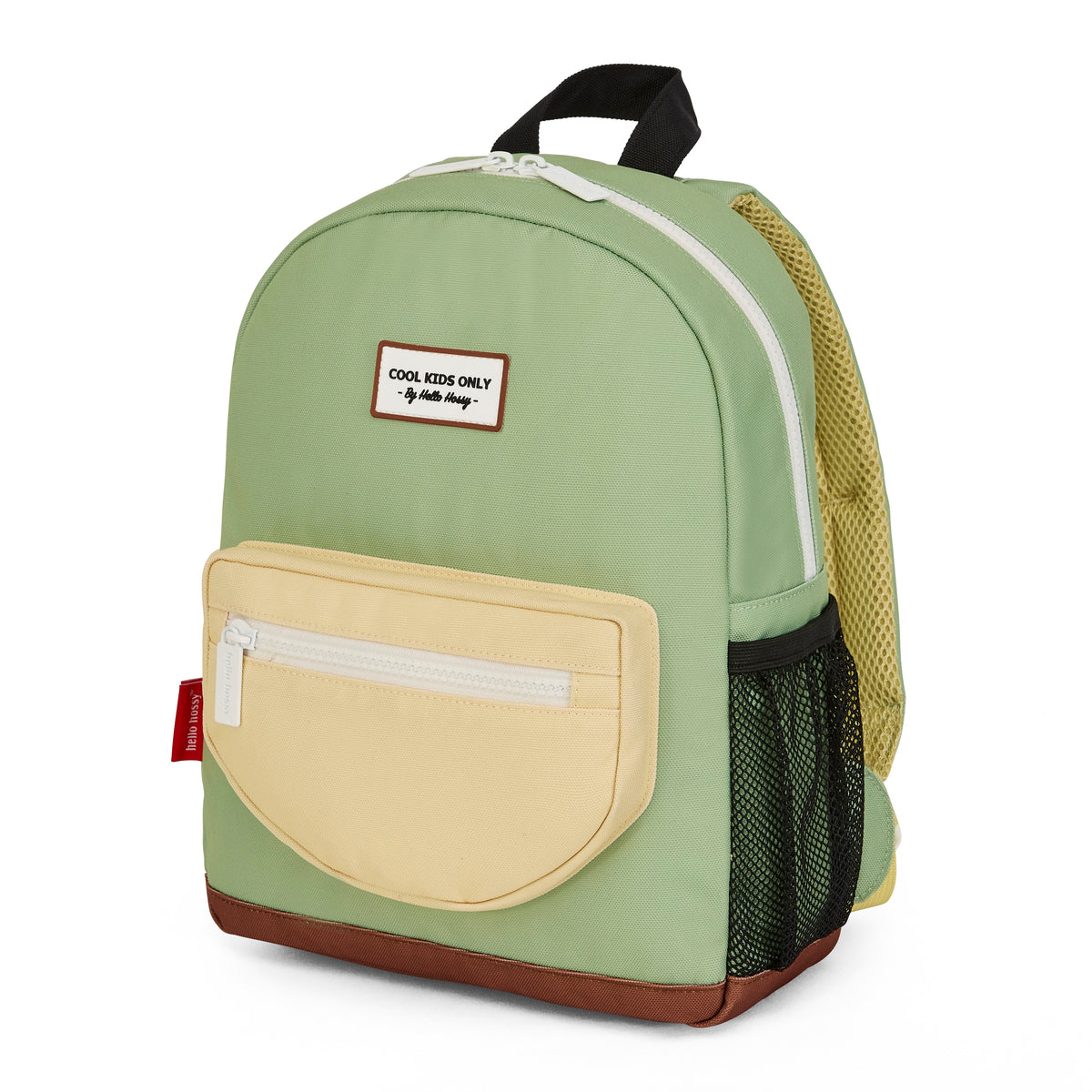 Hello Hossy pistache groene schoolrugzak met beige voorvak en bruine onderkant.