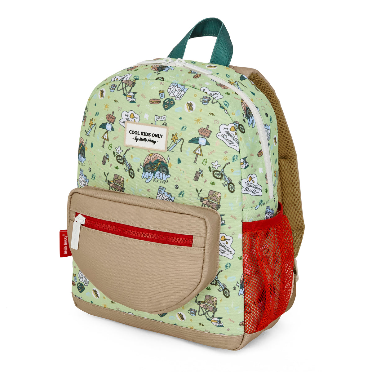 hello hossy kinderrugzak met groen 'mountain ride' patroon, beige voorvak en rood zijvak.