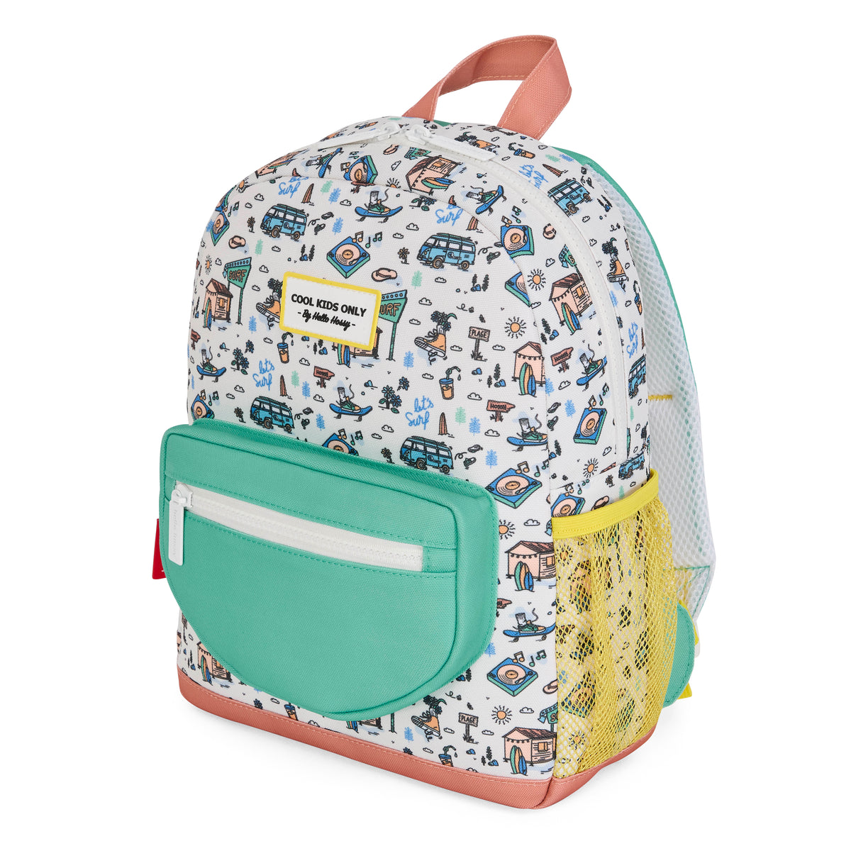 Hello Hossy schoolrugzak met veelkleurig patroon van figuren en voertuigen, groene voorzak en gele zijzak.