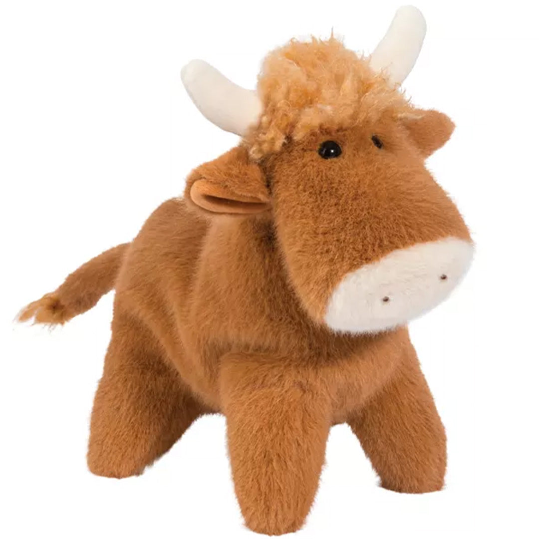 Douglas Toys bruine pluchen speelgoedkoe met witte hoorns en snuit.