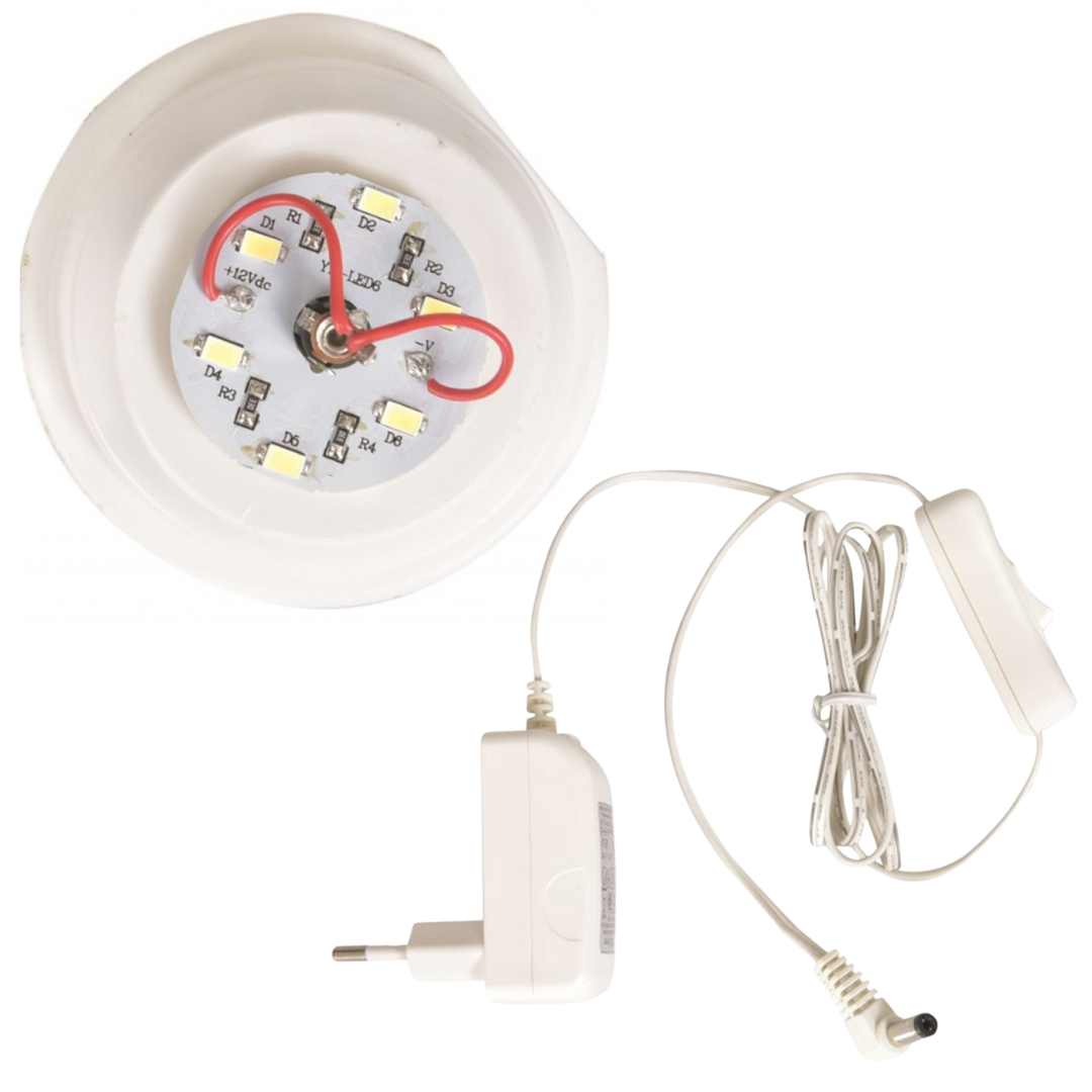 De interne LED-verlichting en de stroomadapter met schakelaar van de paddenstoel nachtlamp.