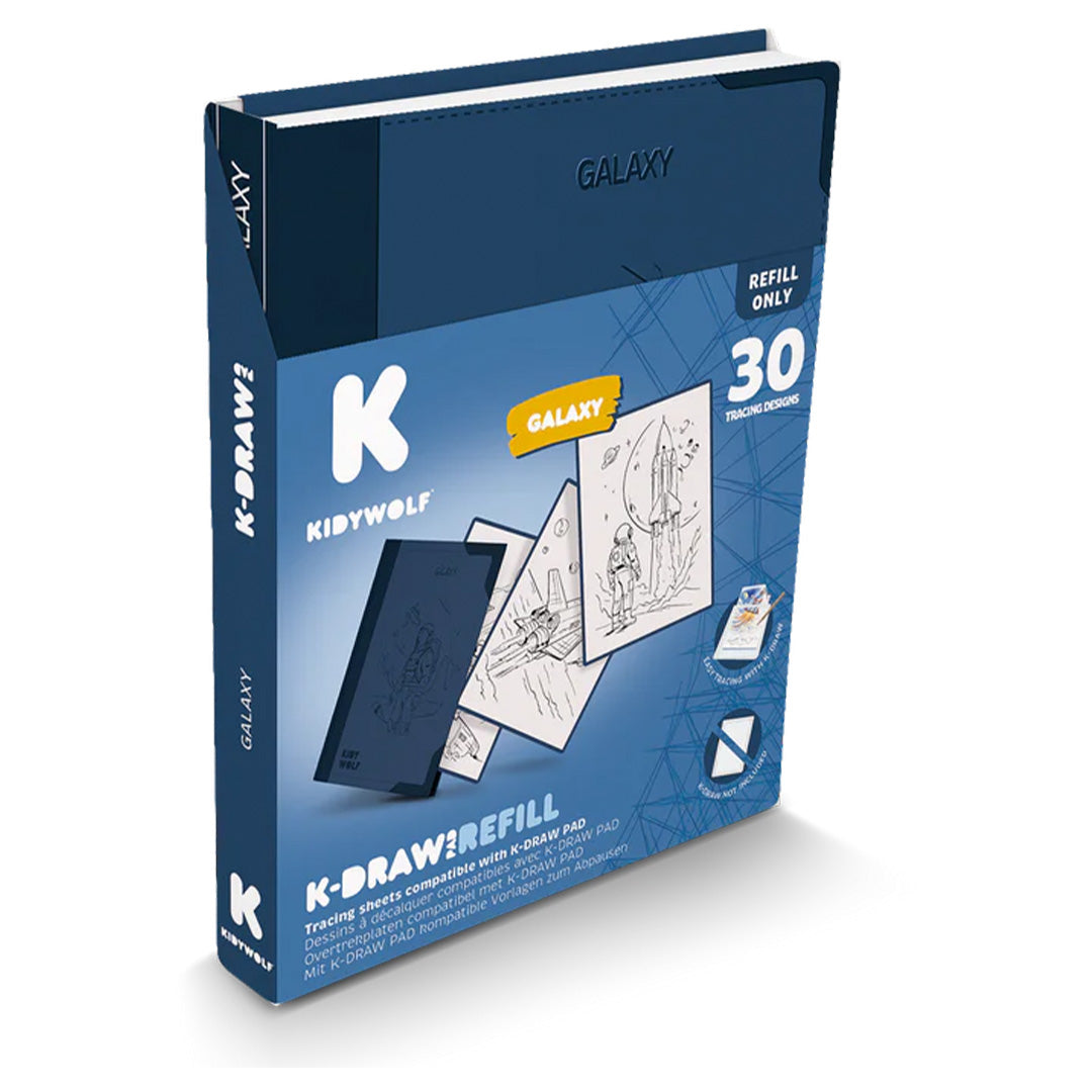 De verpakking van de Kidywolf K-Draw:Refill Galaxy met 30 overtrekdesigns.