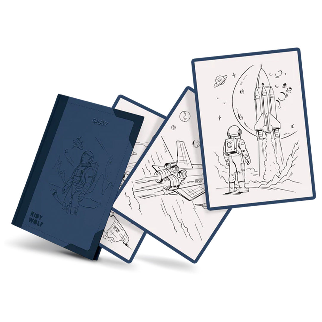 Kidywolf K-Draw Pad met uitwaaierende tekenkaarten met galaxy-thema.