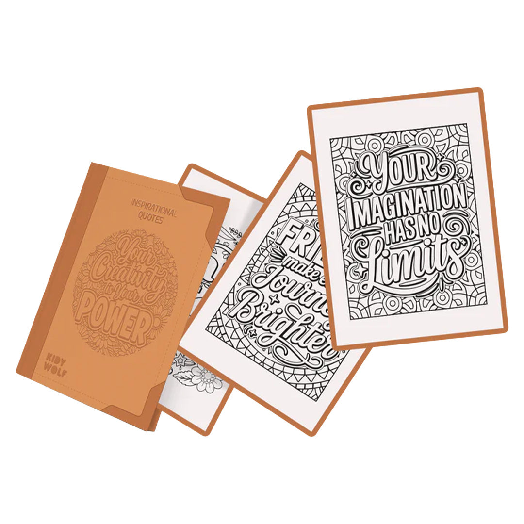 Kidywolf oranje map met de tekst 'Inspirational Quotes' en uitwaaierende witte tekenkaarten met quote-ontwerpen.