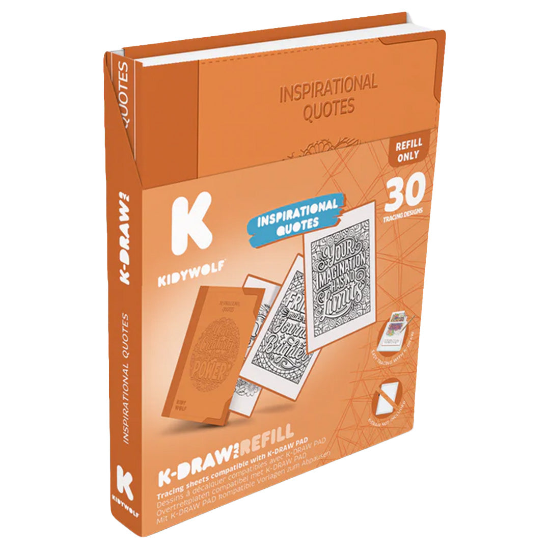 Kidywolf verpakking voor de K-Draw refill tekenkaarten met 30 inspirerende quote-ontwerpen.