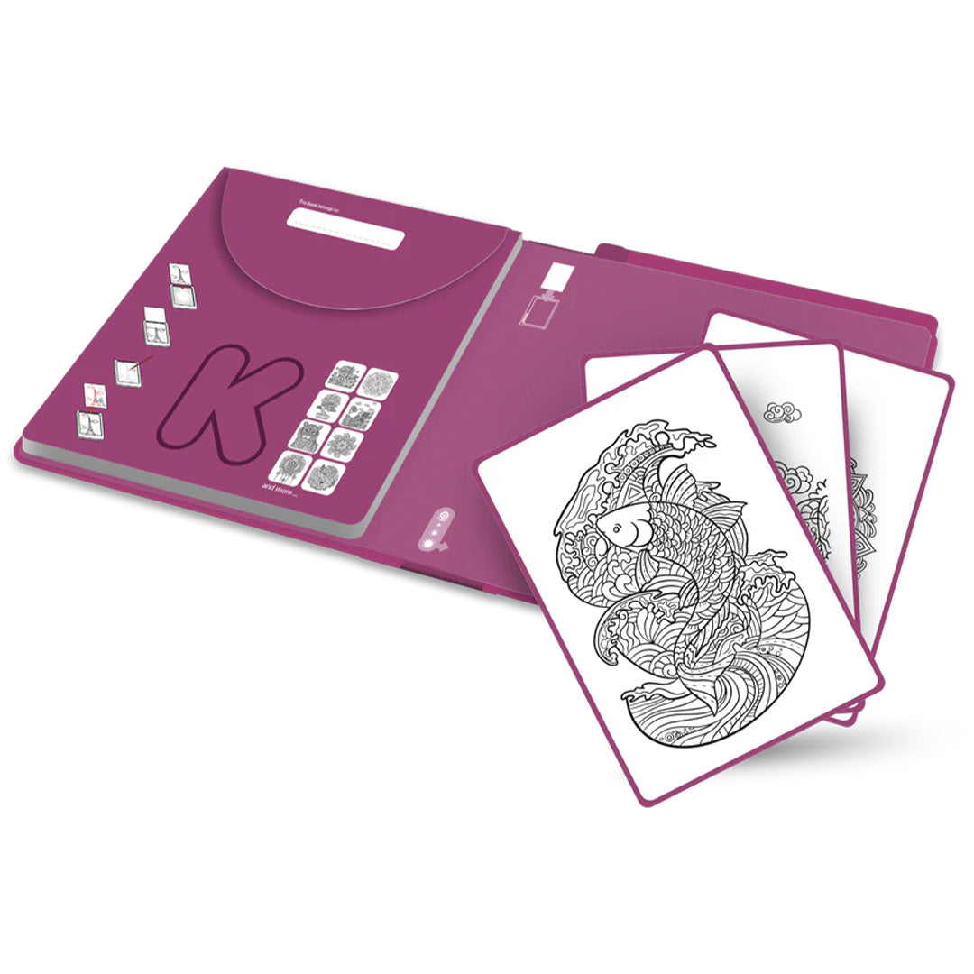 Kidywolf extra tekenkaarten voor KidyDraw pad, met een paarse map en kaarten met gedetailleerde zen-tekeningen van onder andere een vis.