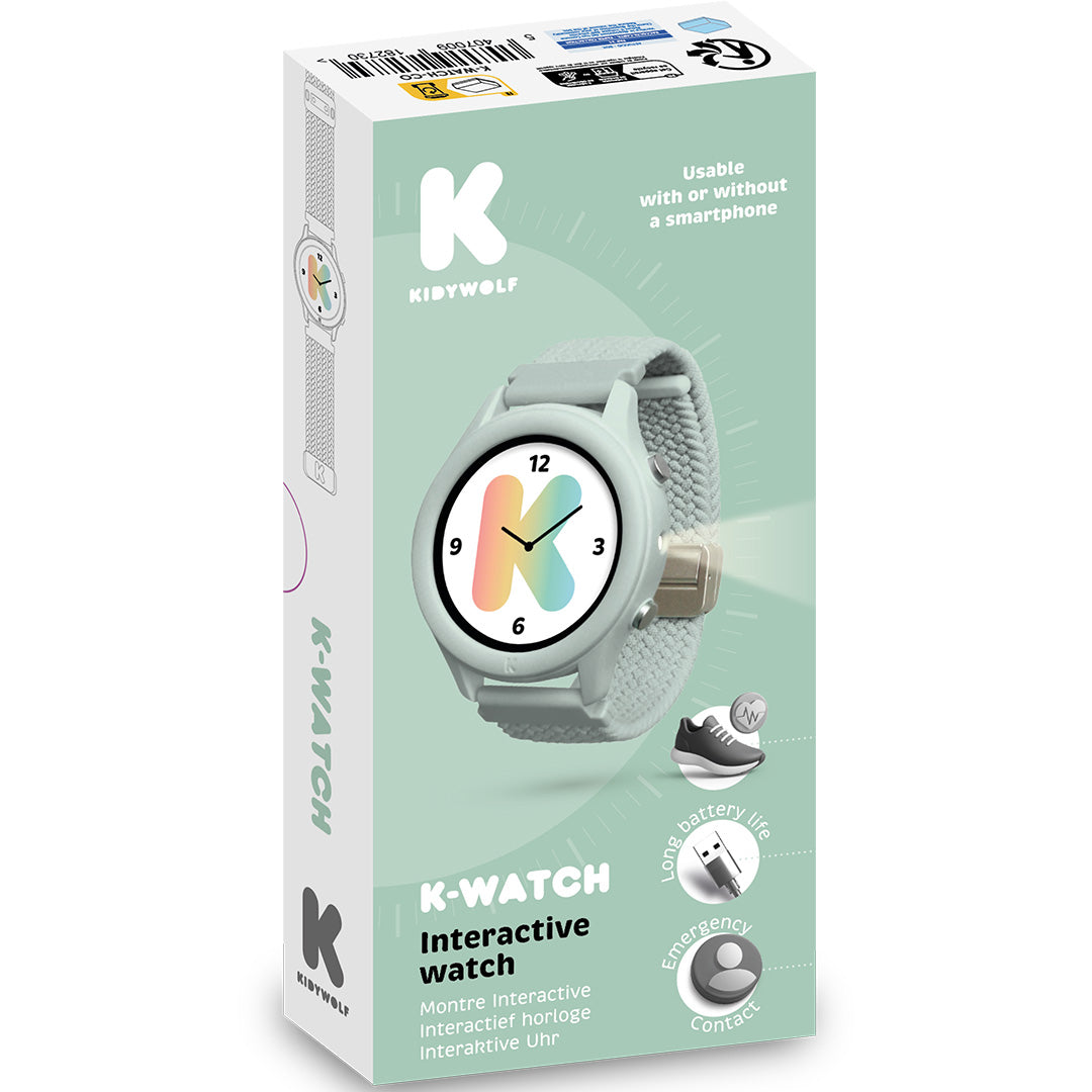 De verpakking van de Kidywolf K-Watch kinder smartwatch in lichtgroen met een afbeelding van het horloge.