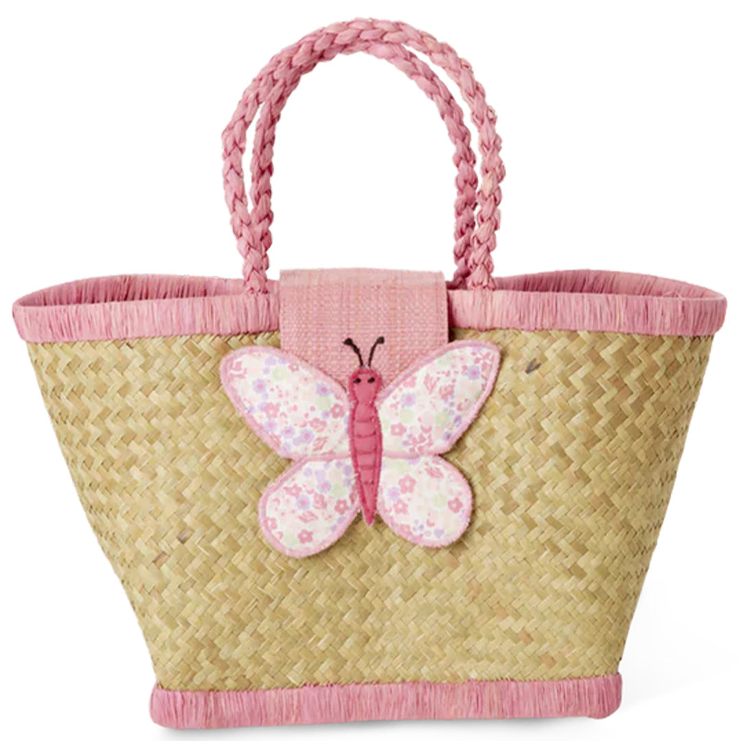 Rice kindertas van raffia met een roze vlinder met bloemenpatroon.