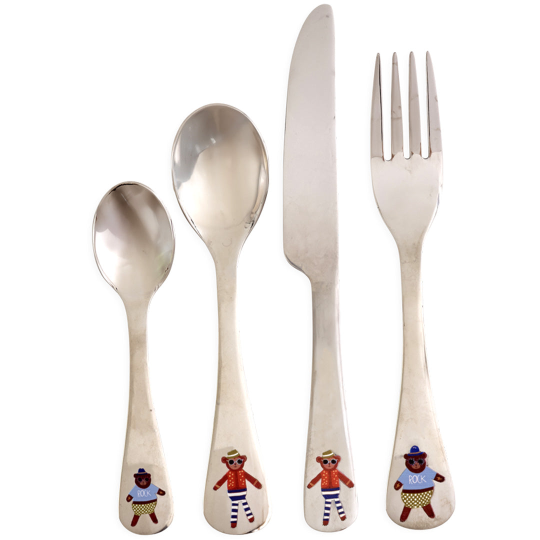 rice kinderbestek met aap- en beerfiguren, staand op een witte achtergrond.