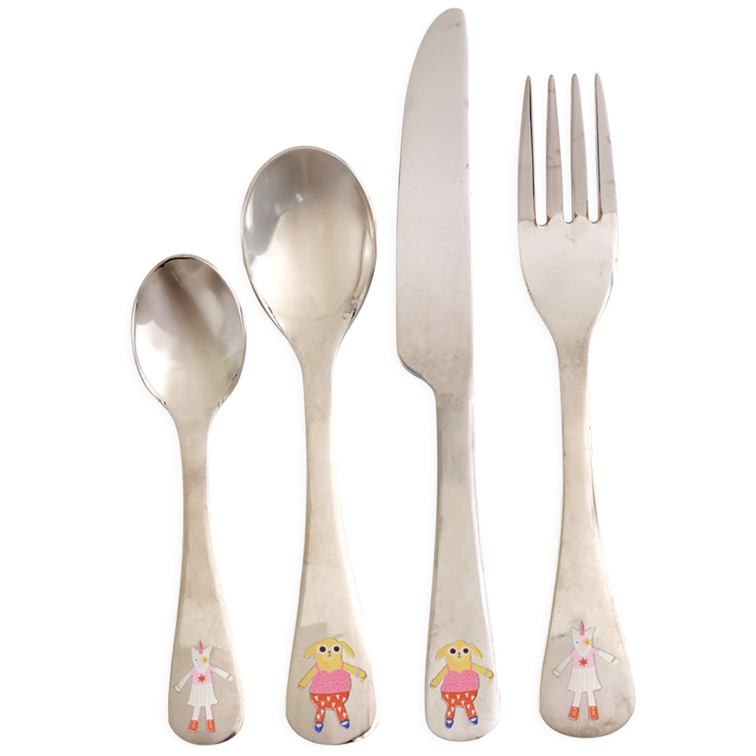 rice kinderbestek set met een vork, mes en twee lepels met een eenhoorn en hond figuur op de handvatten.
