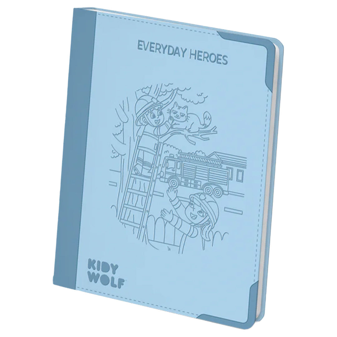 De blauwe verpakking van de Kidywolf extra tekenkaarten met een illustratie van een brandweerman en de tekst 'Everyday Heroes'.