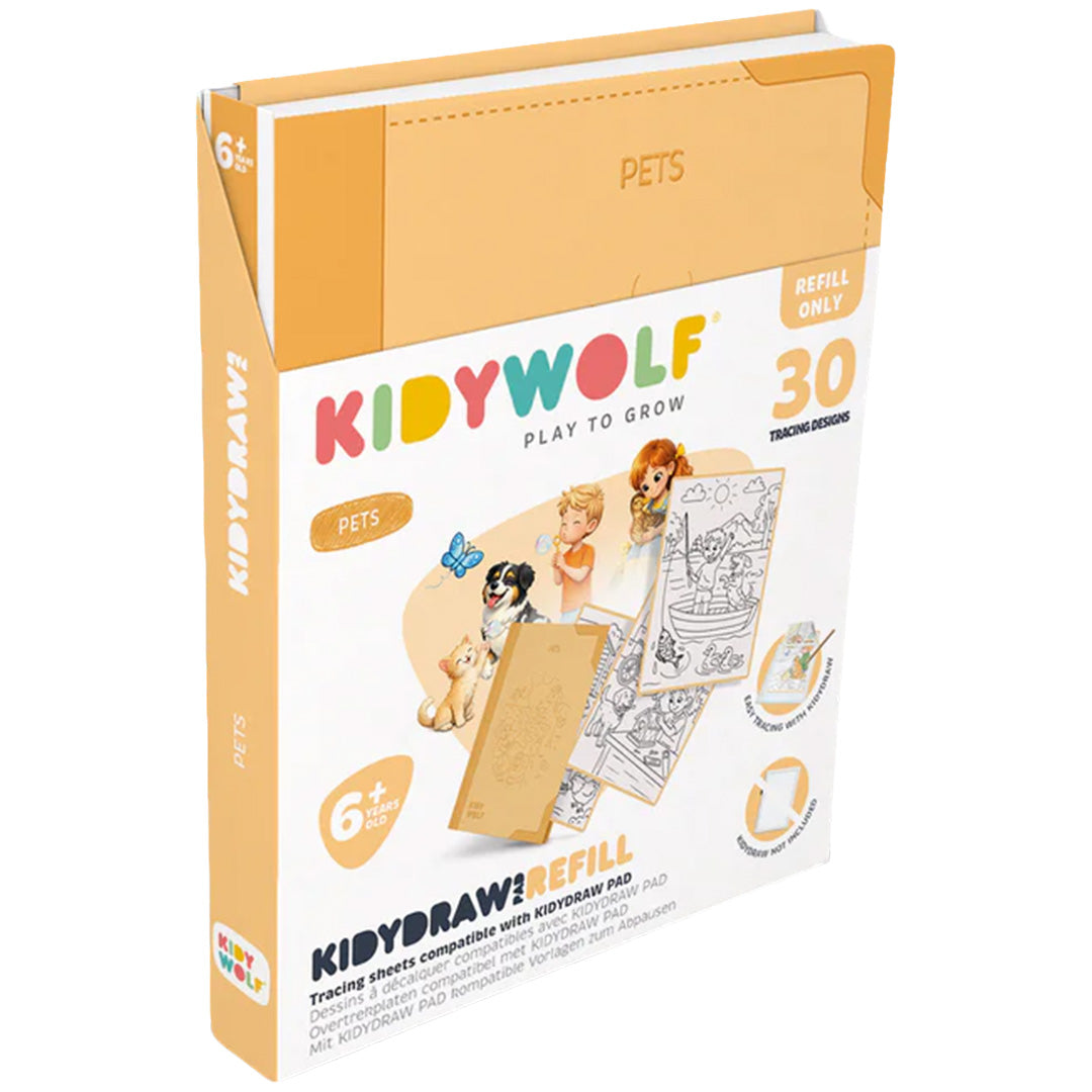 De verpakking van de Kidywolf Kidydraw navulling met 30 overtrekkaarten met huisdieren.