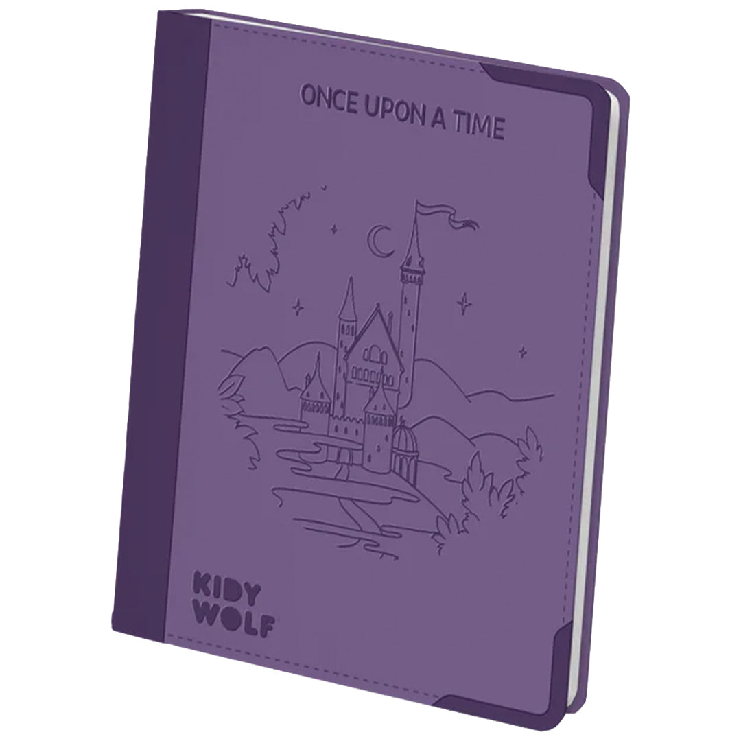 Kidywolf paarse tekenmap met een reliëf van een kasteel en de tekst "Once Upon a Time".