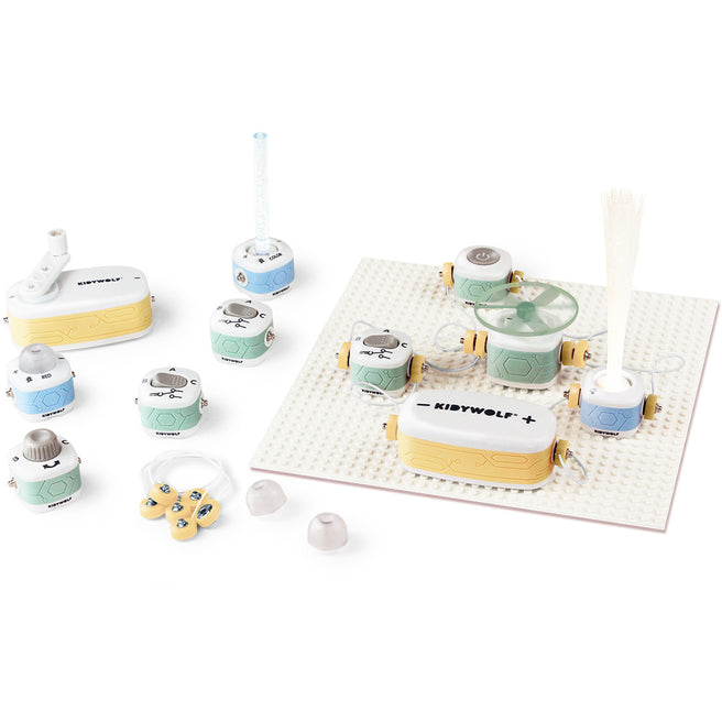 Kidywolf Kidyelec starter set met diverse elektronische bouwblokken en een basisplaat.