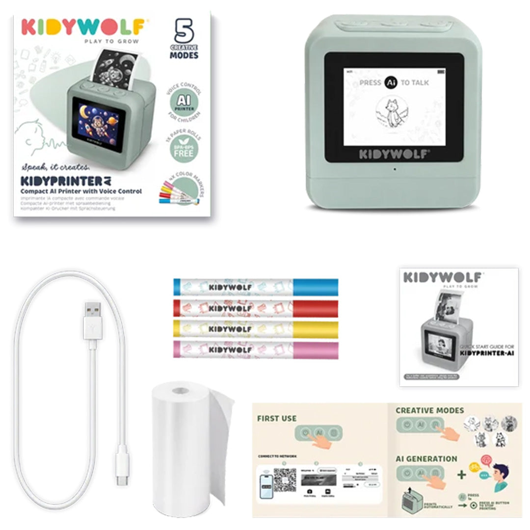 Een overzicht van de Kidywolf Kidyprinter AI speelgoedprinter met USB-kabel, stiften, papierrol en handleiding.