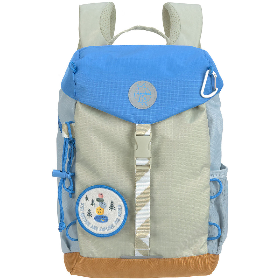 Lässig kleuterrugzak Sunny Explorer in groen-blauw met een themapatch op de voorkant.