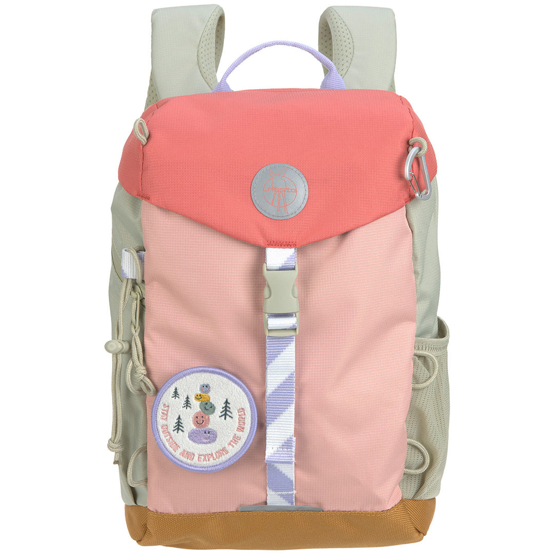 Lässig kleuterrugzak Sunny Explorer in roze, beige en lichtpaars met een patch van lachende gezichtjes.