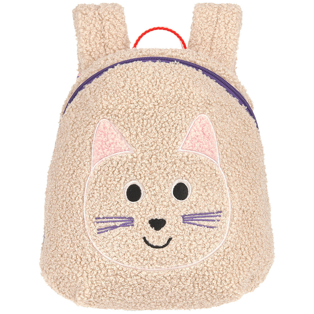 Lässig beige peuterrugzak met een kattengezicht en paarse rits.