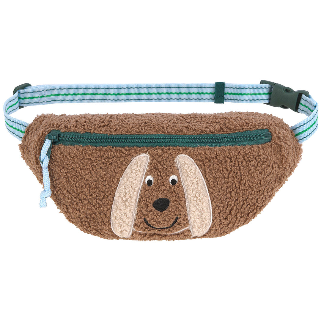 Lässig kinder heuptas in de vorm van een bruine hond met gestreepte band.
