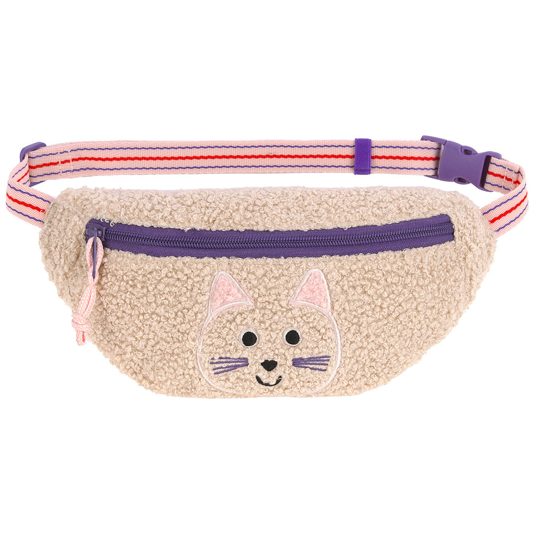Lässig kinder heuptas in beige teddy stof met een geborduurd kattengezicht en paarse rits.