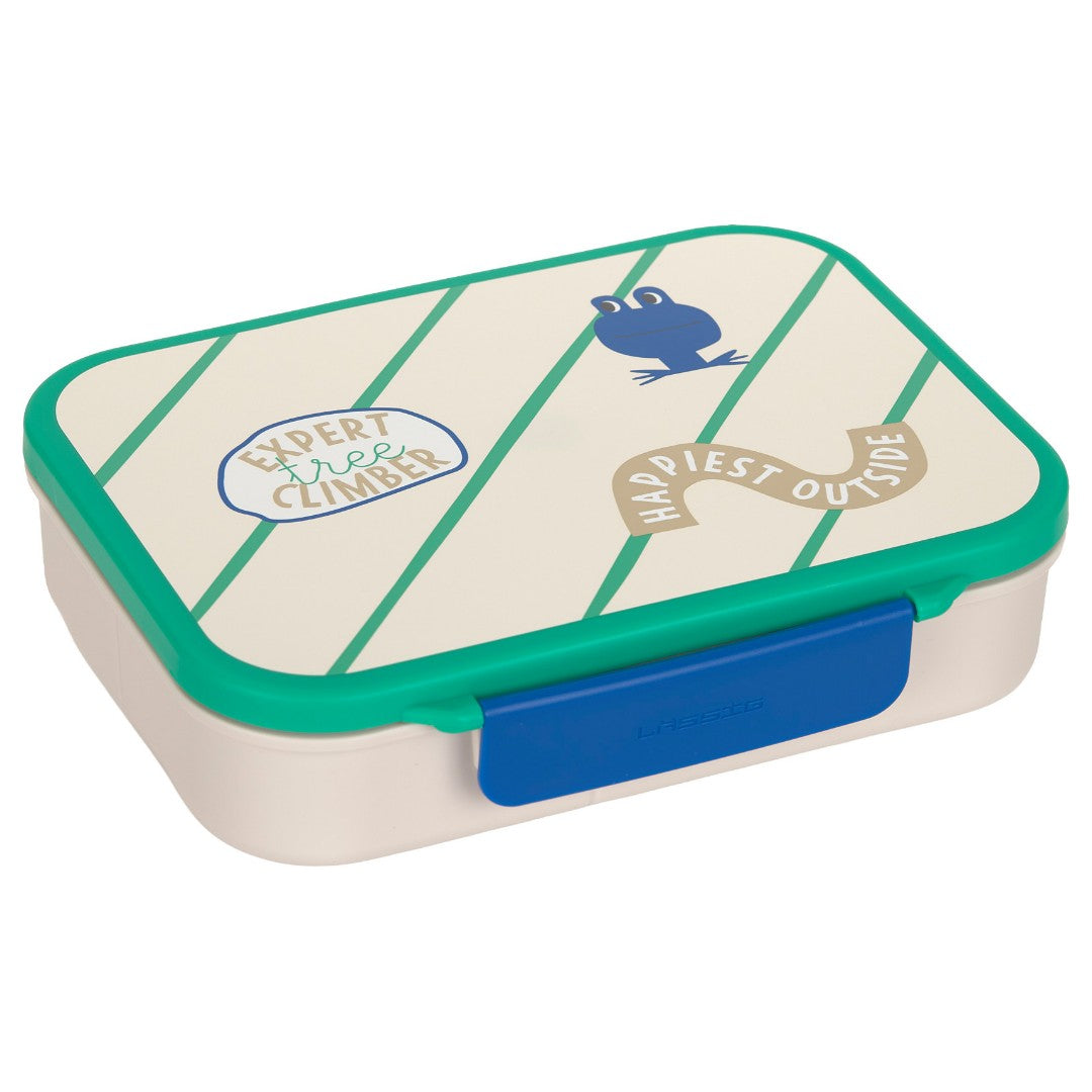Lässig bento lunchbox met gestreepte deksel, kikkerillustratie en tekst.