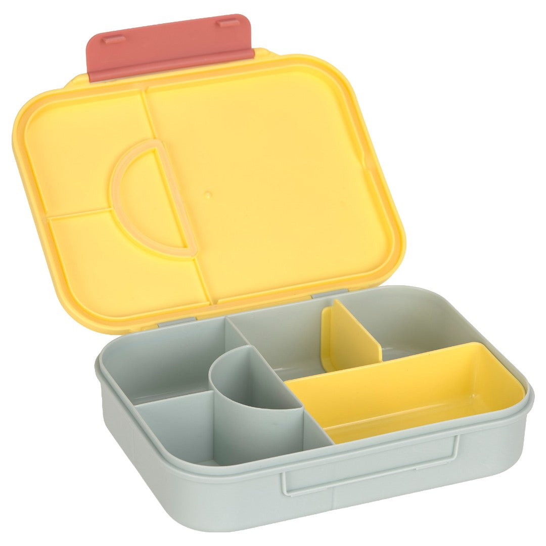 Open bento-broodtrommel met grijze vakken en een gele container in een van de vakken.