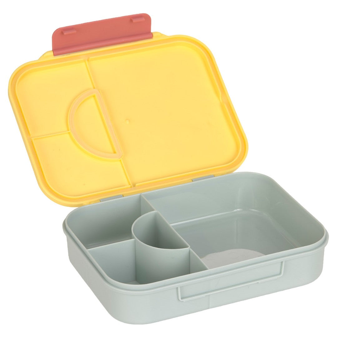 Open bento-broodtrommel met lege grijze vakken en gele deksel.