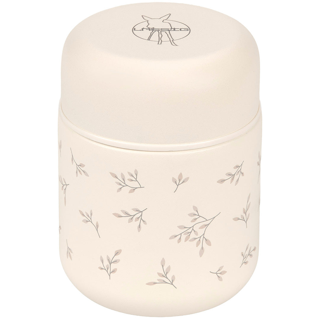 Lässig beige RVS voedselpot met bladerenpatroon en logo op de deksel.