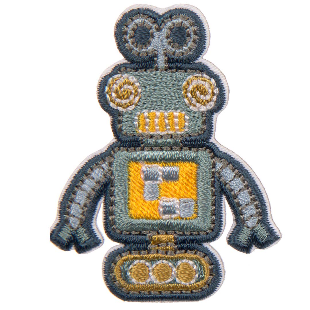 Detail van een blauwe en gele geborduurde robot patch met een opwindsleutel.