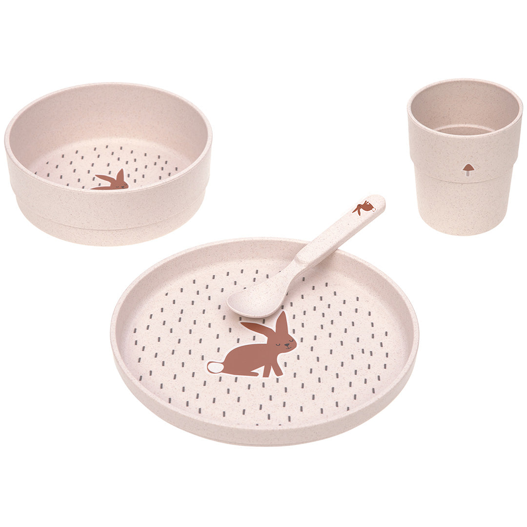 Lässig 4-delige babyserviesset met beige bord, kom, beker en lepel met konijnenthema.
