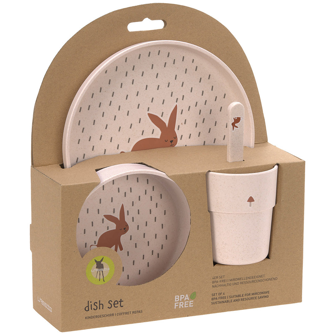 De verpakking van de lässig 4-delige beige babyserviesset met konijnenthema.