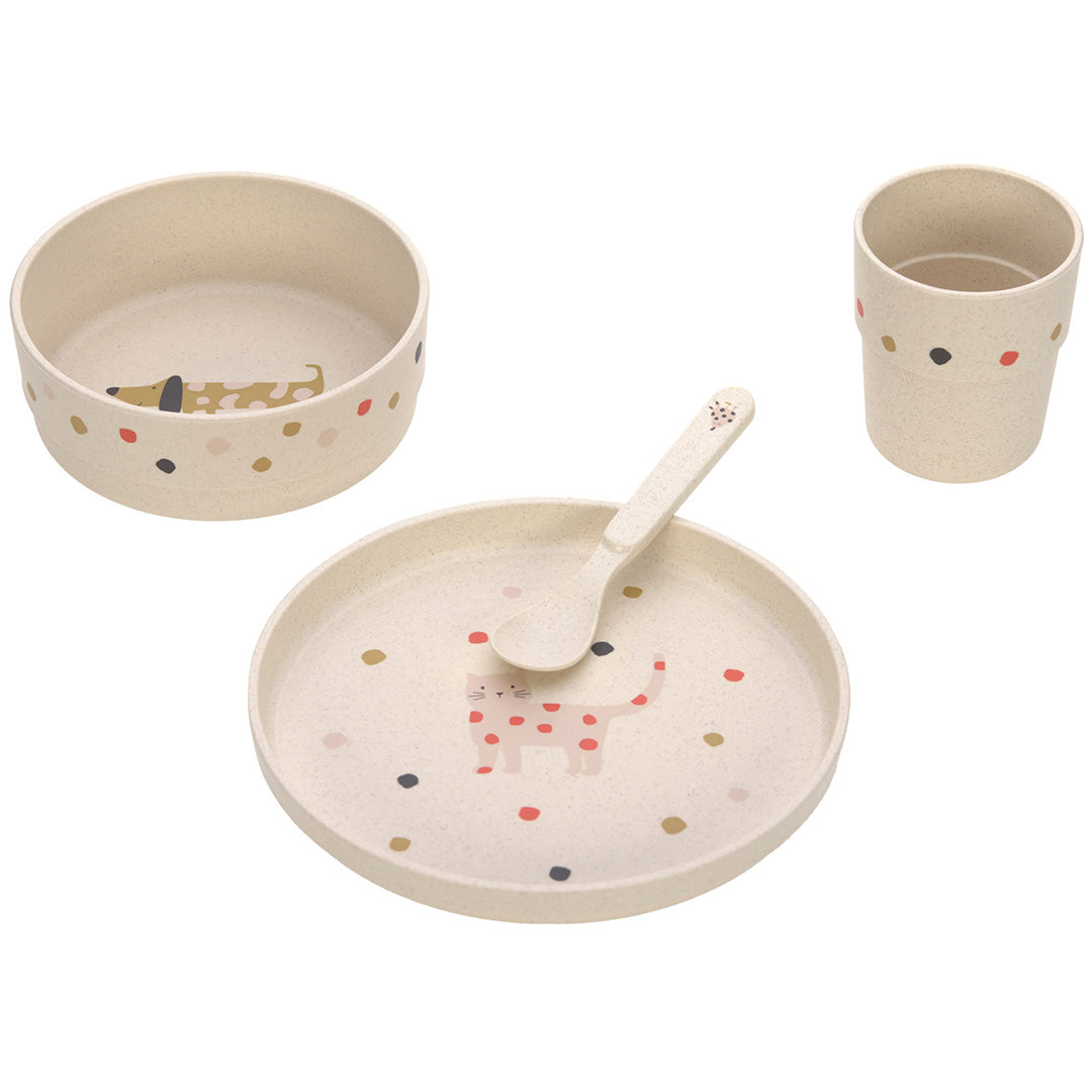 Lässig beige babyserviesset met kat, hond en stippen, bestaande uit een bord, kom, beker en lepel.