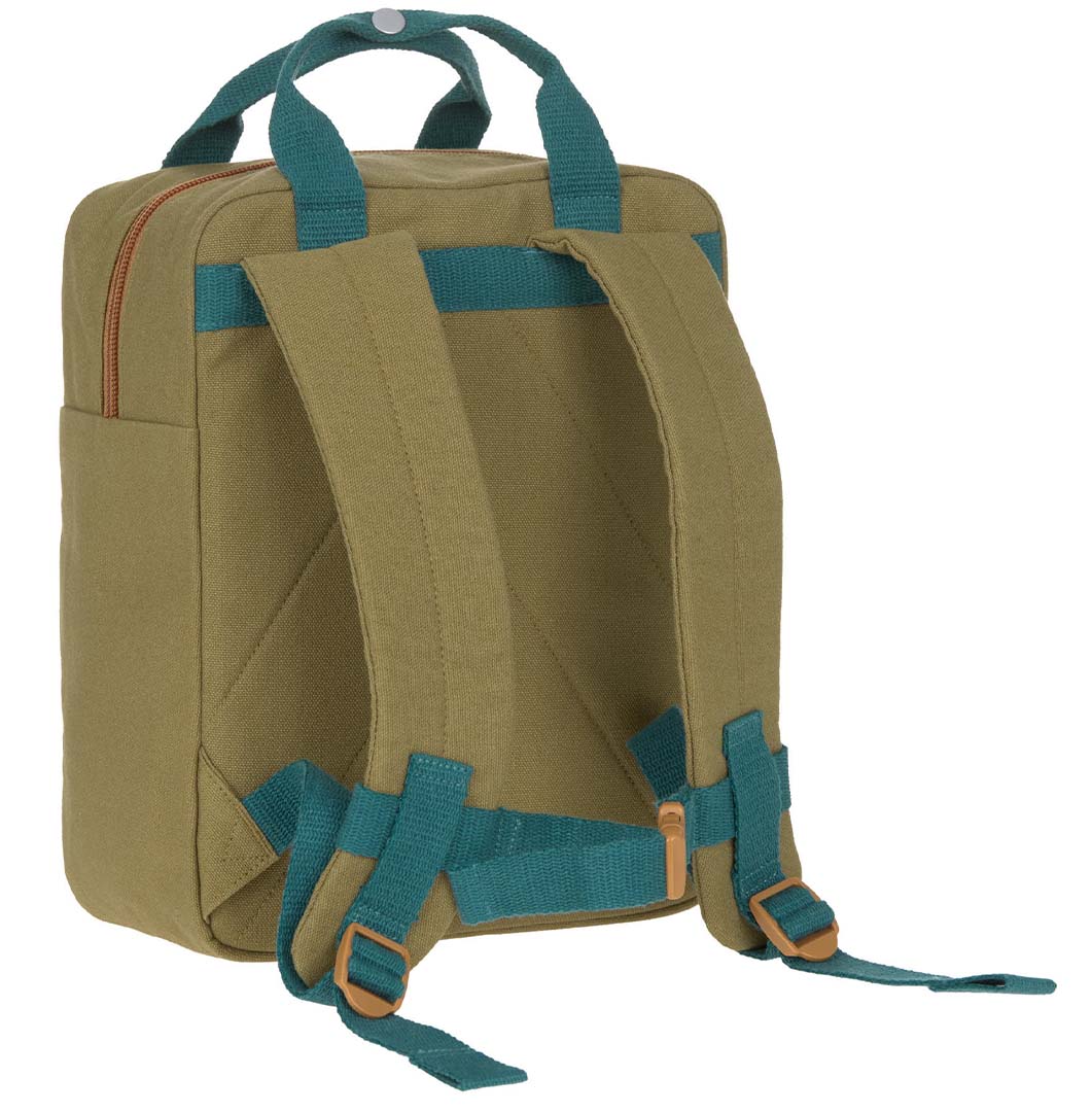 Achteraanzicht van de olijfgroene kleuterrugzak met verstelbare teal schouderbanden.