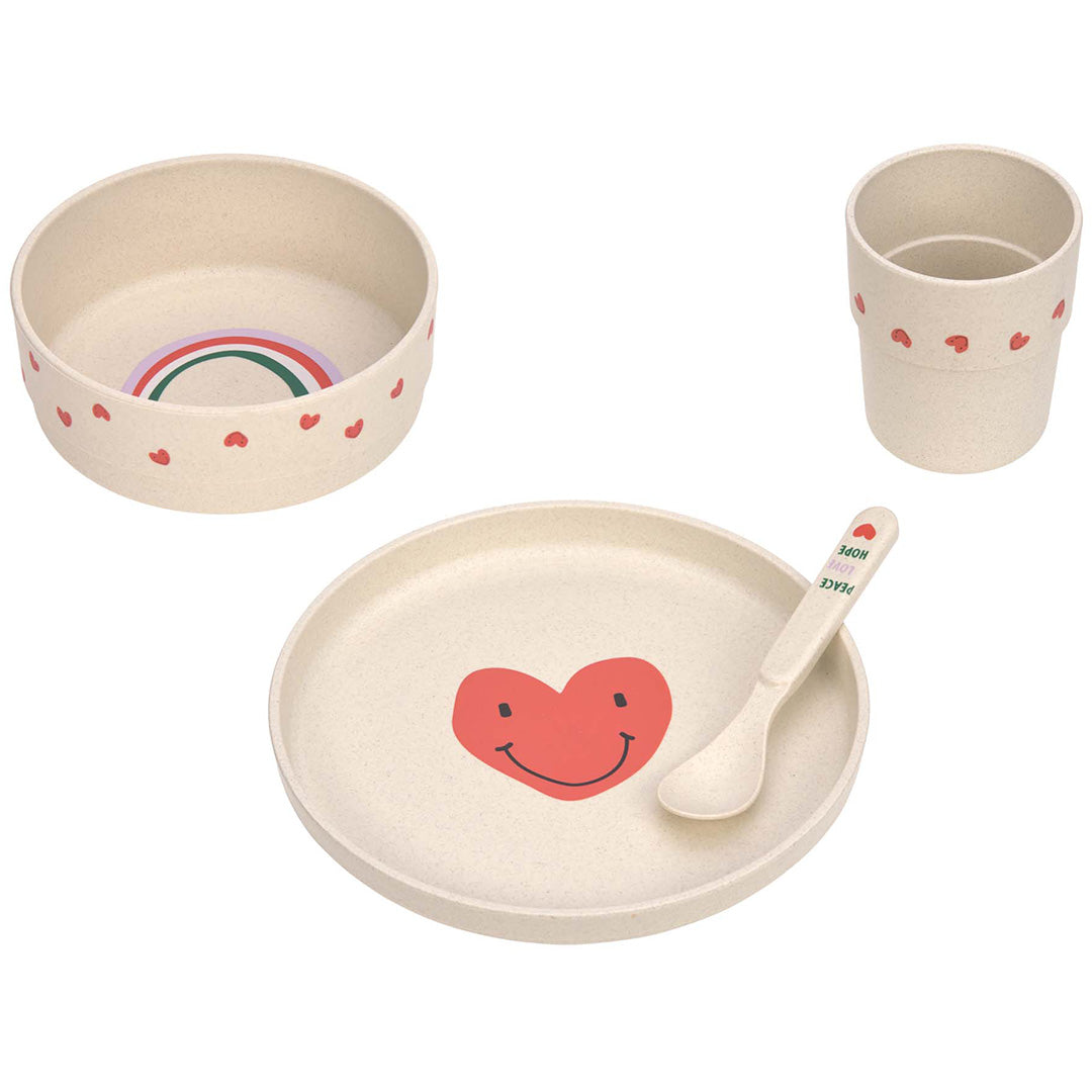 Lässig 4-delige babyserviesset met bord, kom, beker en lepel, versierd met harten en een regenboog.
