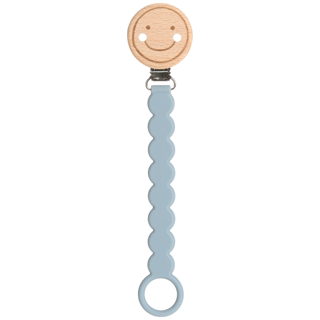 Lässig speenkoord met houten smiley gezichtje en lichtblauwe plastic band.