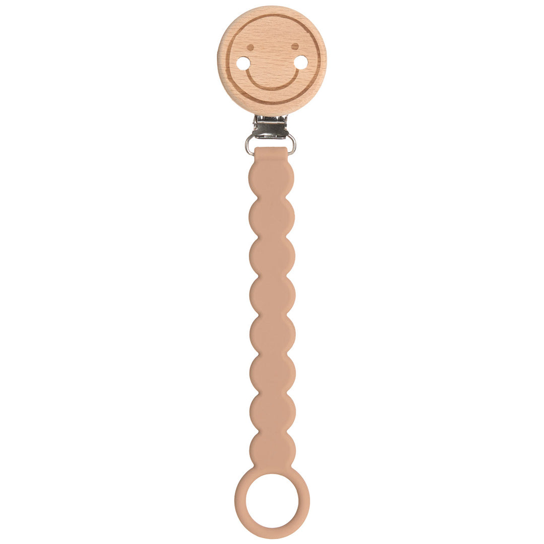 Lässig speenkoord met houten smiley clip en beige siliconen band.