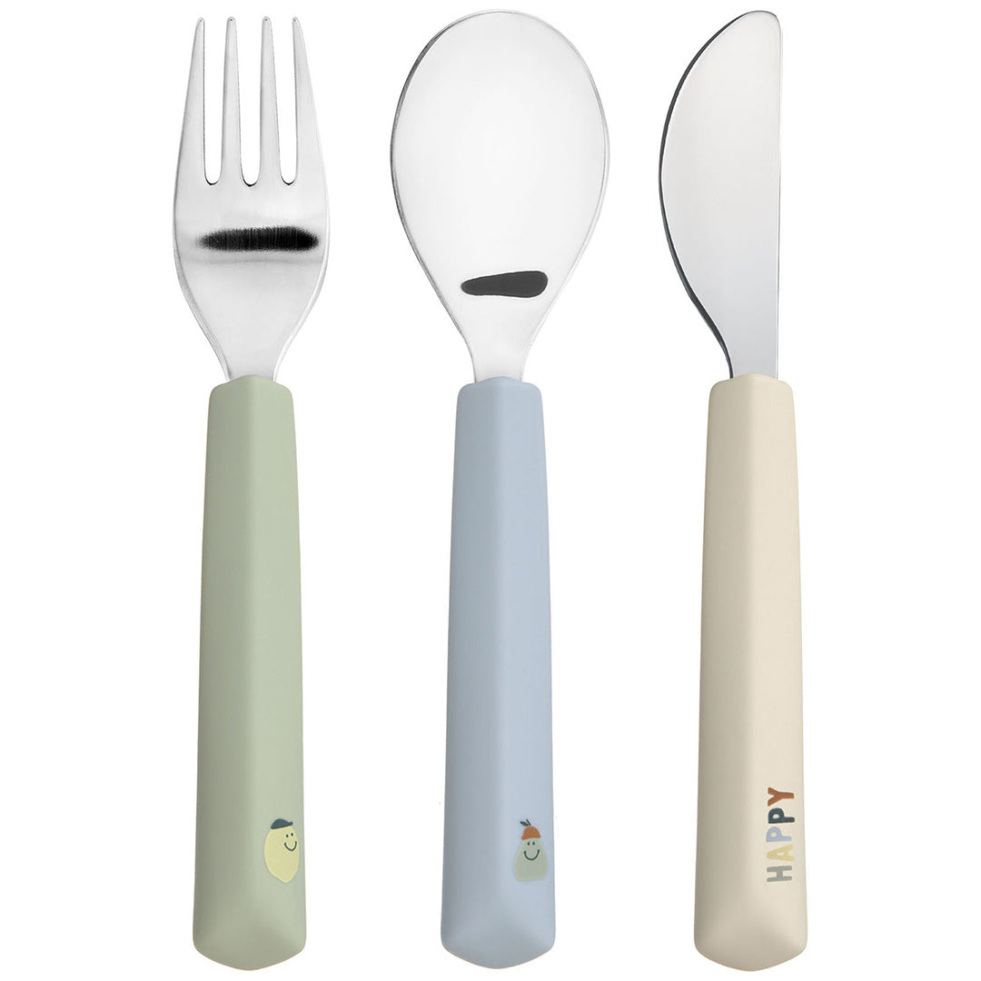 Lässig kinderbestekset met een vork, lepel en mes met siliconen handvatten in groen, blauw en beige met citroenfiguurtjes.