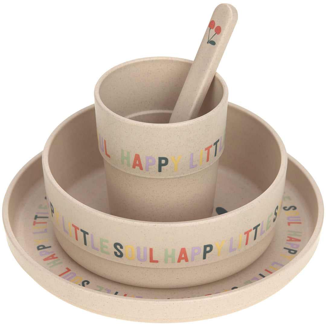 Lässig 4-delige beige serviesset voor baby's en peuters met kersenpatroon en tekst, gestapeld en van voren gefotografeerd.