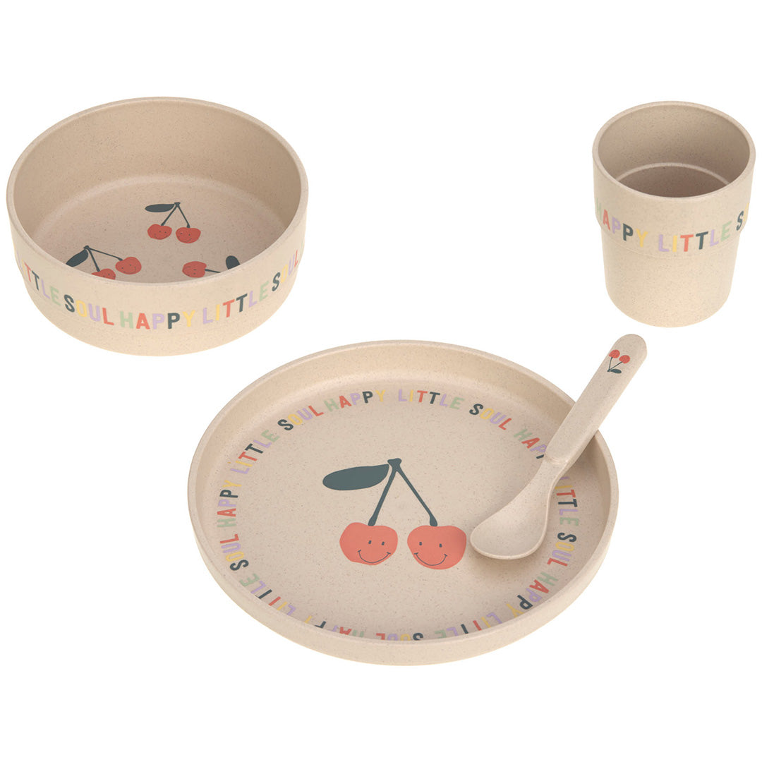 Lässig 4-delige beige serviesset voor baby's en peuters met kersenpatroon en tekst, schuin gefotografeerd.
