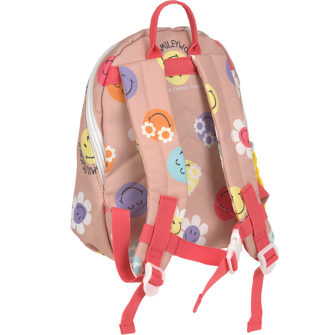 Achterkant van de Lässig peuterrugzak in dusty rose met SmileyWorld print en rode verstelbare schouderbanden.