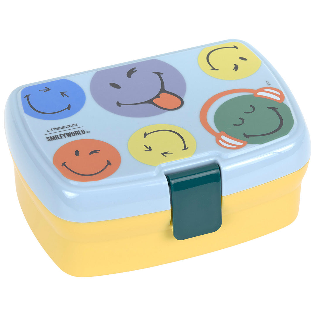 Lässig SmileyWorld broodtrommel voor kinderen, gesloten met blauwe deksel en gele onderkant.