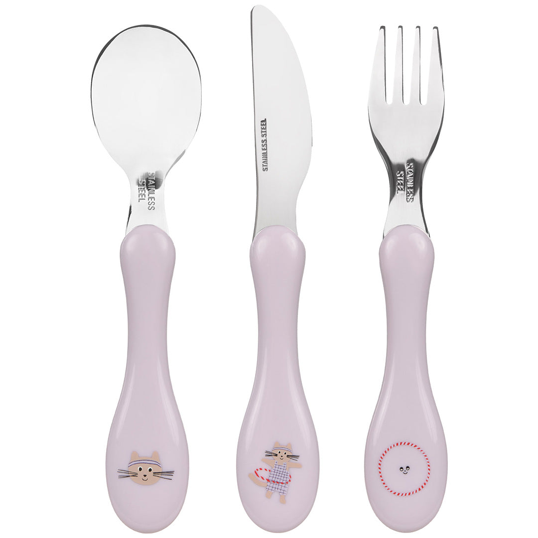 Lässig kinderbestekset met roze handvatten en kattenfiguren, bestaande uit een lepel, mes en vork.