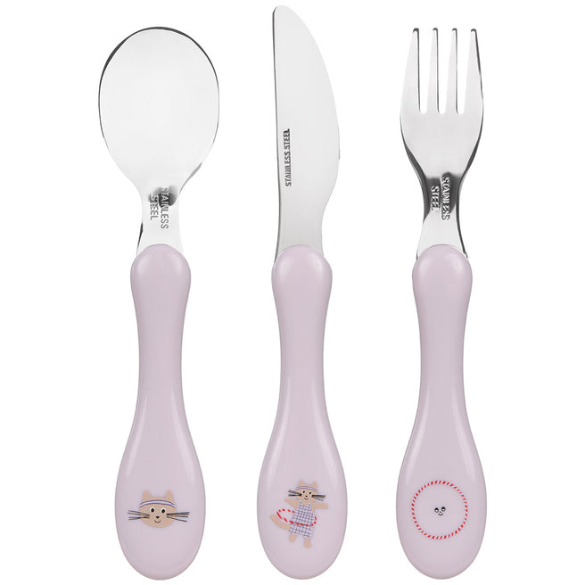 Lässig kinderbestekset met roze handvatten en kattenfiguren, bestaande uit een lepel, mes en vork.