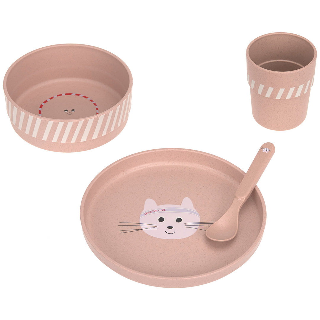 Lässig roze 4-delige babyserviesset met kattengezicht en streepjespatroon, bestaande uit een bord, kom, beker en lepel.